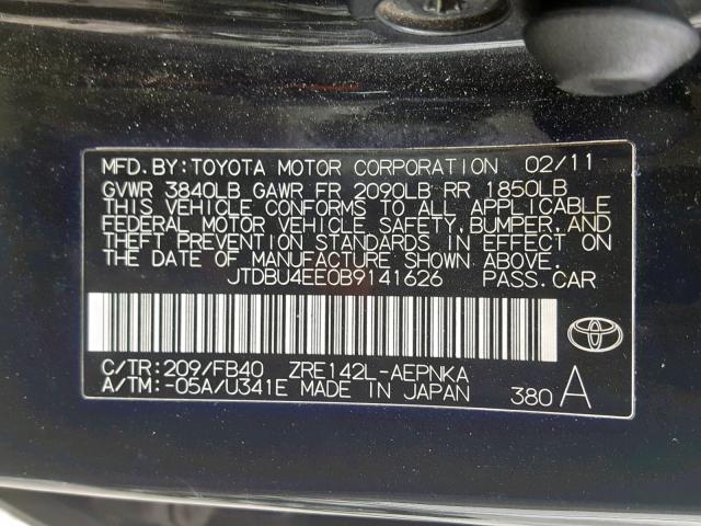 JTDBU4EE0B9141626 - 2011 TOYOTA COROLLA BA BLACK photo 10