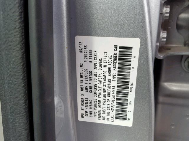 1HGCP2F46CA174458 - 2012 HONDA ACCORD LXP SILVER photo 10