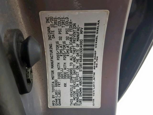 5TDBT48A81S004980 - 2001 TOYOTA SEQUOIA LI GRAY photo 10