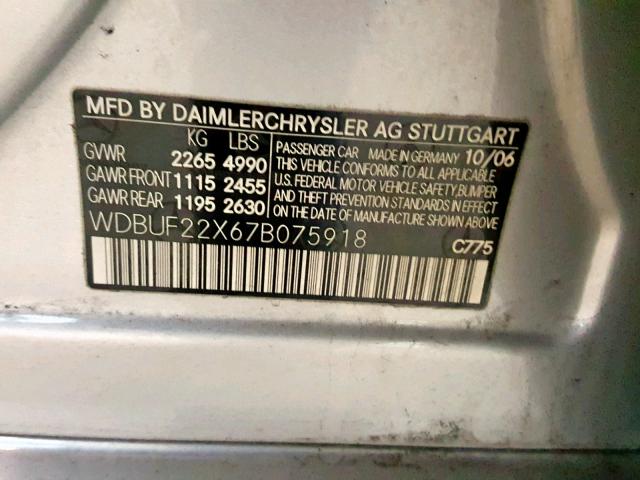 WDBUF22X67B075918 - 2007 MERCEDES-BENZ E 320 CDI SILVER photo 10