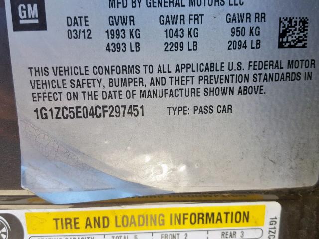 1G1ZC5E04CF297451 - 2012 CHEVROLET MALIBU 1LT 石墨色 照片 10