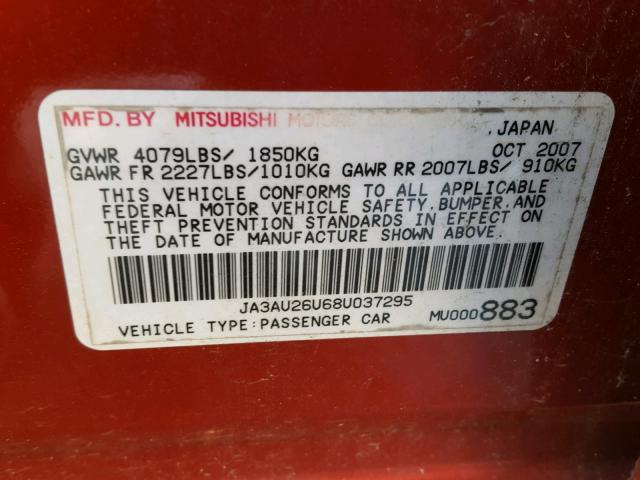 JA3AU26U68U037295 - 2008 MITSUBISHI LANCER ES RED photo 10