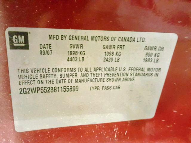 2G2WP552381155899 - 2008 PONTIAC GRAND PRIX RED photo 10