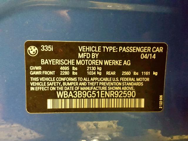 WBA3B9G51ENR92590 - 2014 BMW 335 XI BLUE photo 10