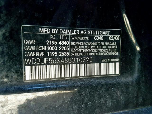 WDBUF56X48B310720 - 2008 MERCEDES-BENZ E 350 BLACK photo 10