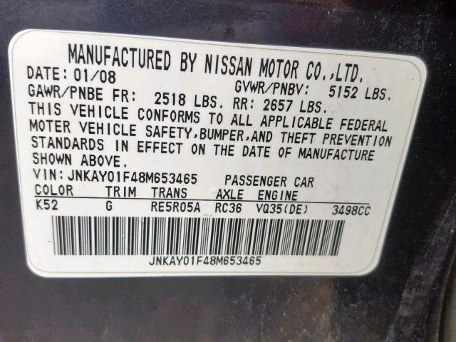 JNKAY01F48M653465 - 2008 INFINITI M35 BASE GRAY photo 10