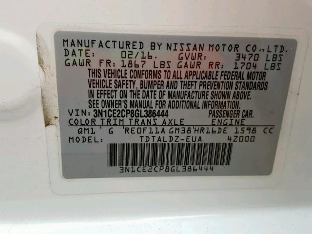 3N1CE2CP8GL386444 - 2016 NISSAN VERSA NOTE WHITE photo 10