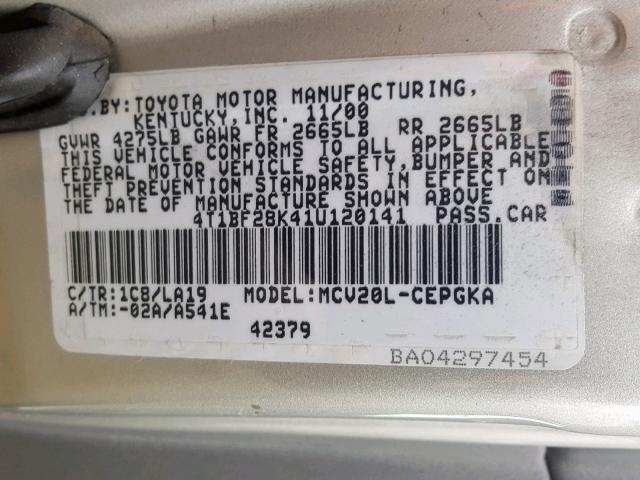 4T1BF28K41U120141 - 2001 TOYOTA CAMRY LE SILVER photo 10