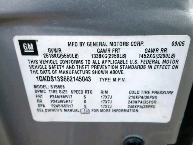 1GKDS13S662145043 - 2006 GMC ENVOY SILVER photo 10