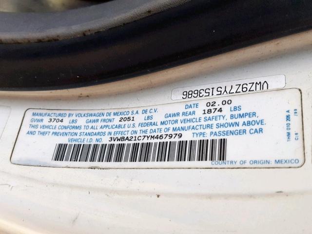 3VWBA21C7YM467979 - 2000 VOLKSWAGEN NEW BEETLE Weiß Foto 10