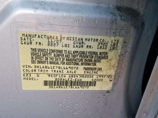 3N1AB61E78L669072 - 2008 NISSAN SENTRA 2.0 SILVER photo 10