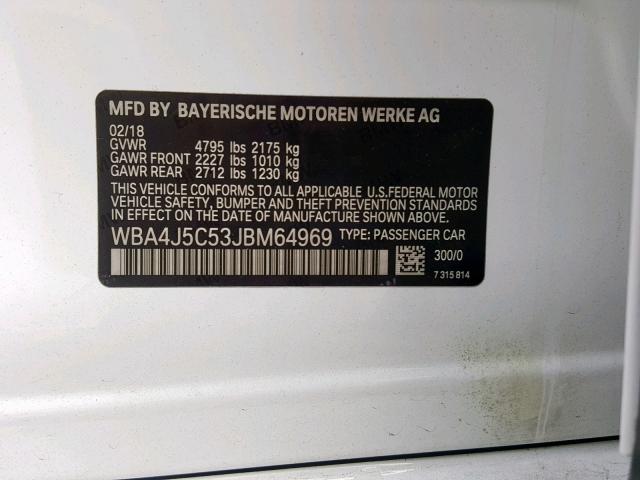 WBA4J5C53JBM64969 - 2018 BMW 440I GRAN WHITE photo 10