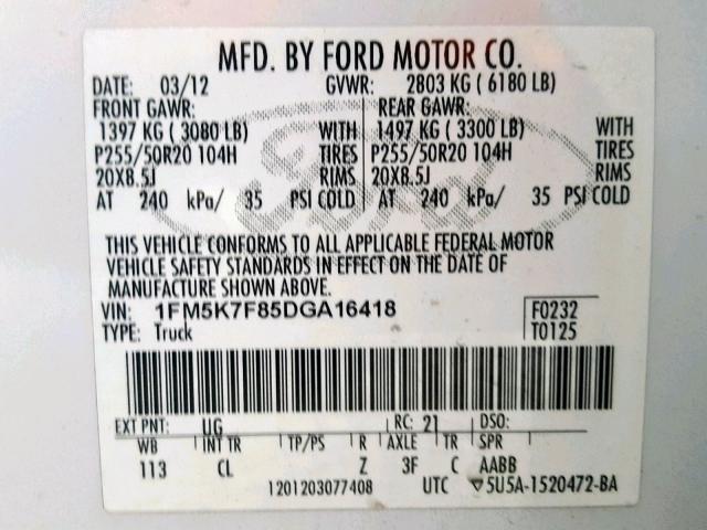 1FM5K7F85DGA16418 - 2013 FORD EXPLORER L WHITE photo 10