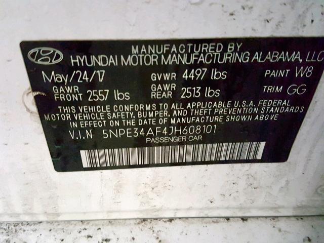 5NPE34AF4JH608101 - 2018 HYUNDAI SONATA SPO WHITE photo 10