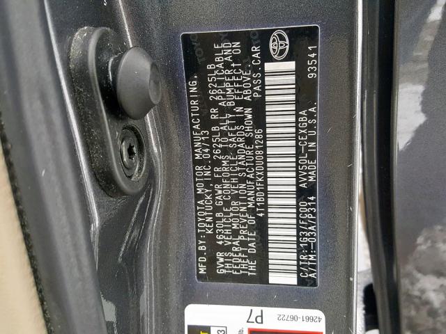 4T1BD1FKXDU081286 - 2013 TOYOTA CAMRY HYBR CHARCOAL photo 10