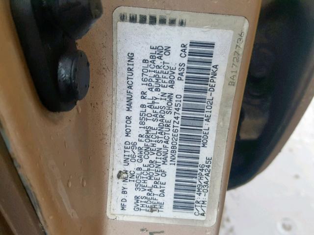 1NXBB02E6TZ474510 - 1996 TOYOTA COROLLA DX GOLD photo 10