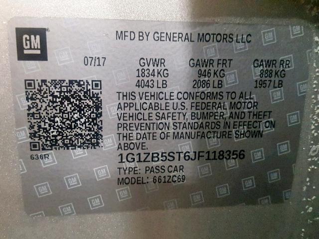 1G1ZB5ST6JF118356 - 2018 CHEVROLET MALIBU LS SILVER photo 10