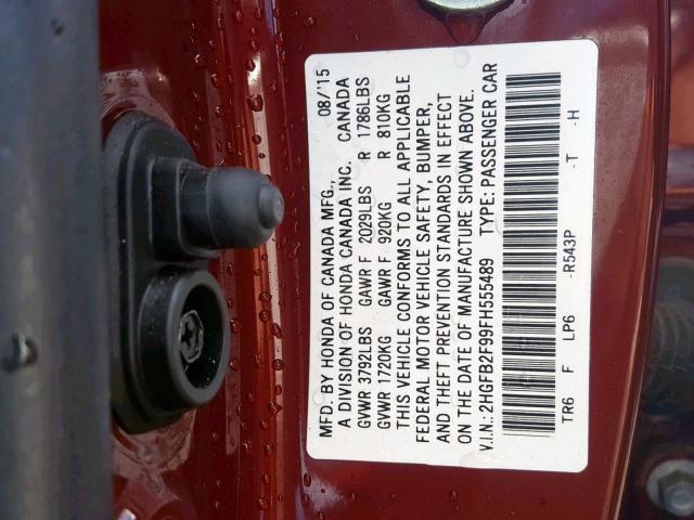 2HGFB2F99FH555489 - 2015 HONDA CIVIC EXL MAROON photo 10