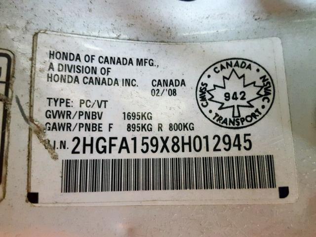 2HGFA159X8H012945 - 2008 HONDA CIVIC EXL WHITE photo 10