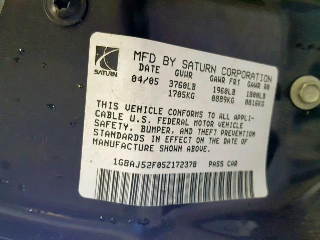 1G8AJ52F05Z172378 - 2005 SATURN ION LEVEL BURGUNDY photo 10
