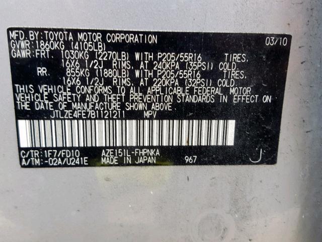 JTLZE4FE7B1121211 - 2011 TOYOTA SCION XB SILVER photo 10