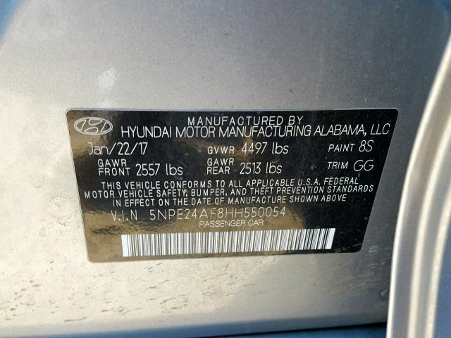 5NPE24AF8HH550054 - 2017 HYUNDAI SONATA SE SILVER photo 10