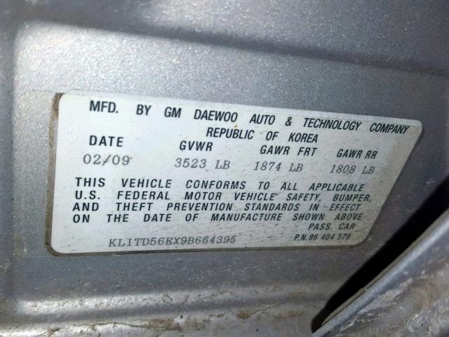 KL1TD56EX9B664395 - 2009 CHEVROLET AVEO LS GRAY photo 10