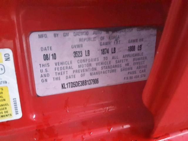 KL1TD5DE3BB137906 - 2011 CHEVROLET AVEO LS RED photo 10