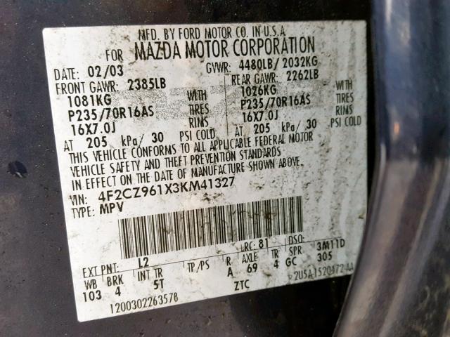 4F2CZ961X3KM41327 - 2003 MAZDA TRIBUTE ES 蓝色 照片 10