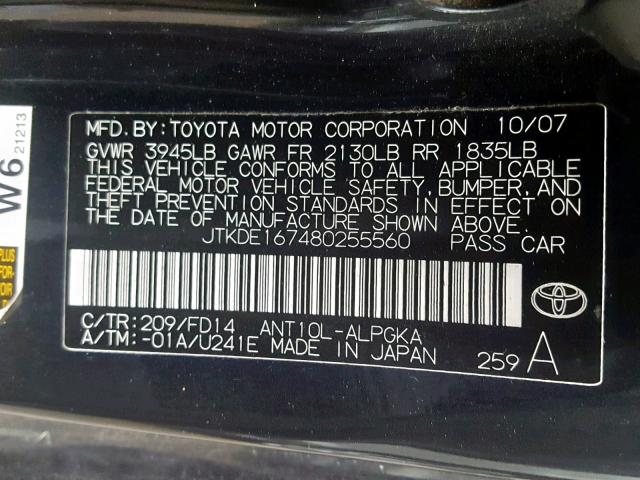 JTKDE167480255560 - 2008 TOYOTA SCION TC შავი ფოტო 10