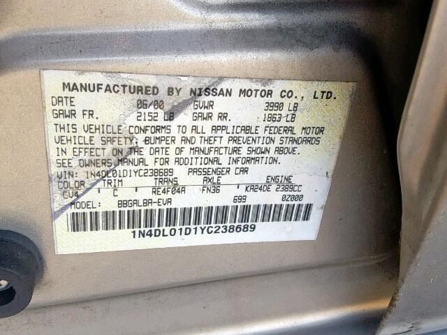 1N4DL01D1YC238689 - 2000 NISSAN ALTIMA XE GOLD photo 10