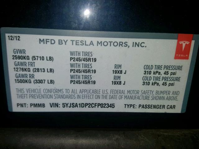 5YJSA1DP2CFP02345 - 2012 TESLA MODEL S BLUE photo 10