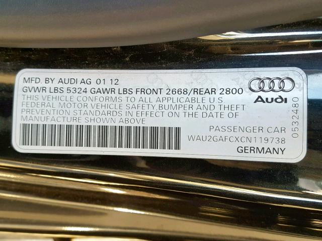 WAU2GAFCXCN119738 - 2012 AUDI A7 PRESTIG BLACK photo 10