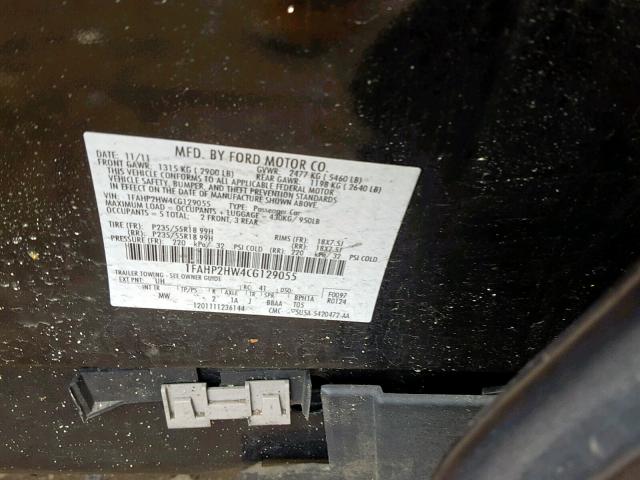 1FAHP2HW4CG129055 - 2012 FORD TAURUS SEL BLACK photo 10