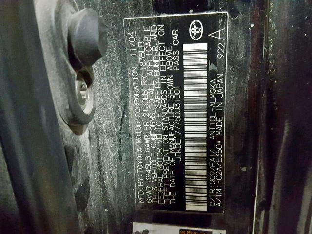 JTKDE177750031001 - 2005 TOYOTA SCION TC BLACK photo 10