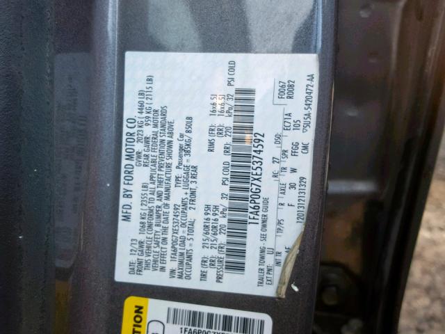 1FA6P0G7XE5374592 - 2014 FORD FUSION S CHARCOAL photo 10