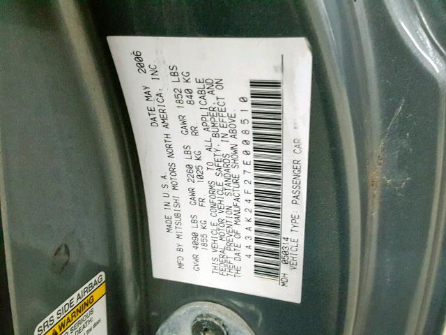 4A3AK24F27E008510 - 2007 MITSUBISHI ECLIPSE GS BLUE photo 10