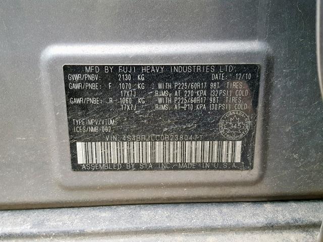 4S4BRJLC0B2380471 - 2011 SUBARU OUTBACK 3. SILVER photo 10