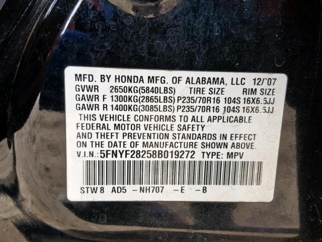 5FNYF28258B019272 - 2008 HONDA PILOT VP BLACK photo 10