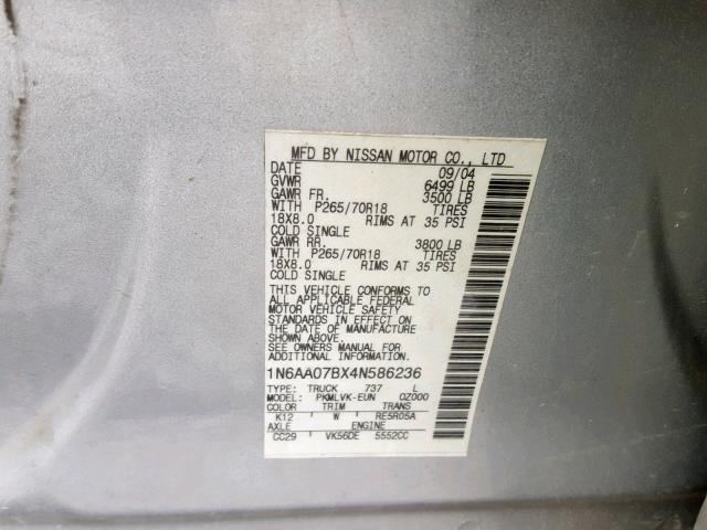 1N6AA07BX4N586236 - 2004 NISSAN TITAN XE SILVER photo 10