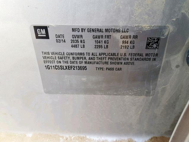 1G11C5SLXEF213695 - 2014 CHEVROLET MALIBU 1LT 银色 照片 10