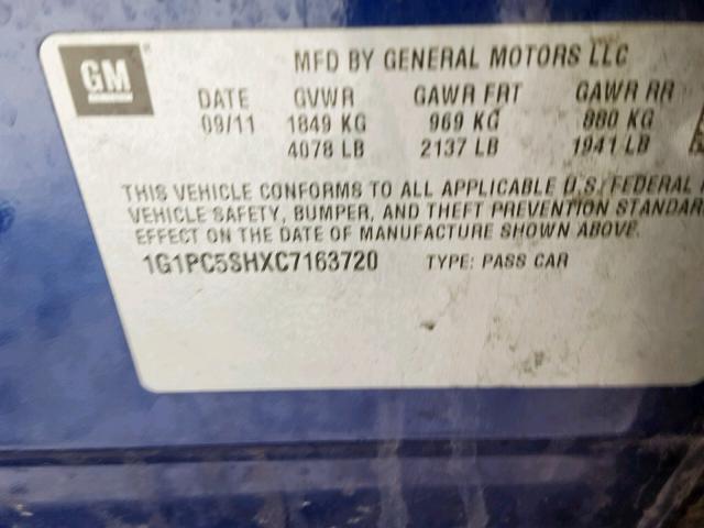 1G1PC5SHXC7163720 - 2012 CHEVROLET CRUZE LS BLUE photo 10