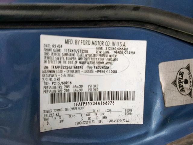 1FAFP55234A168976 - 2004 FORD TAURUS SES BLUE photo 10