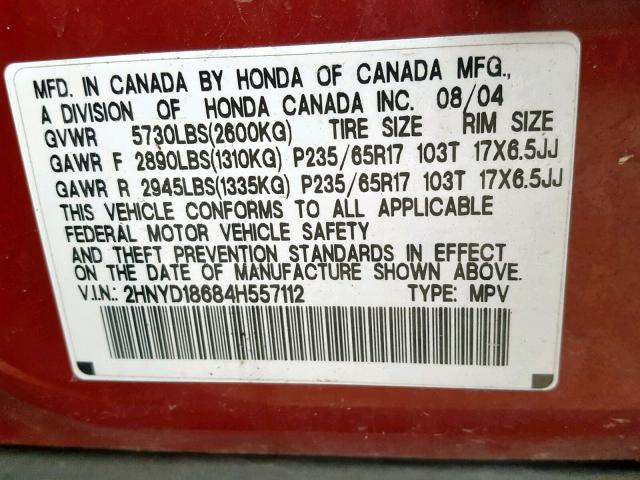 2HNYD18684H557112 - 2004 ACURA MDX TOURIN MAROON photo 10