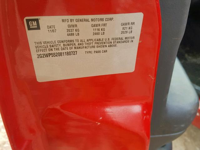 2G2WP552081180727 - 2008 PONTIAC GRAND PRIX RED photo 10