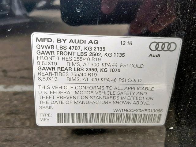 WA1HCCFS0HR013966 - 2017 AUDI Q3 PREMIUM BLACK photo 10