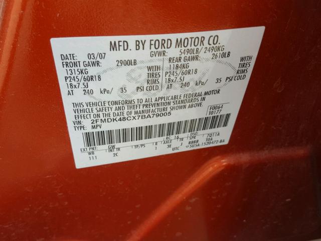 2FMDK48CX7BA79005 - 2007 FORD EDGE SEL ORANGE photo 10