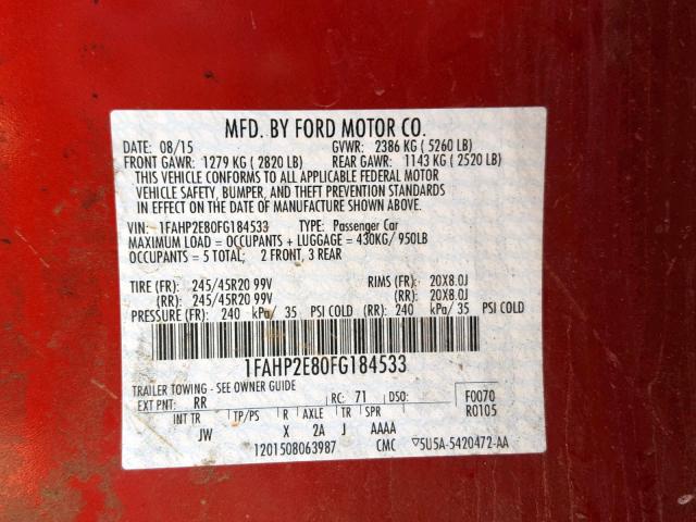 1FAHP2E80FG184533 - 2015 FORD TAURUS SEL RED photo 10