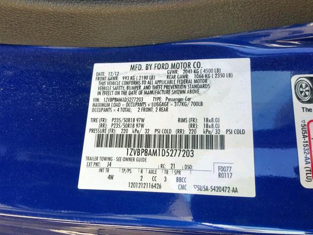 1ZVBP8AM1D5277203 - 2013 FORD MUSTANG BLUE photo 10