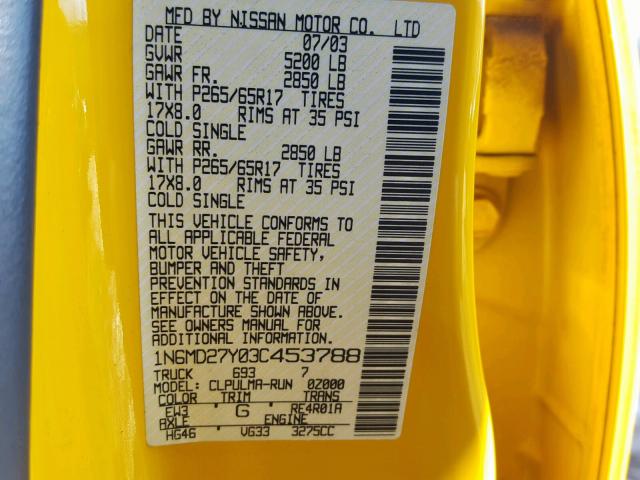 1N6MD27Y03C453788 - 2003 NISSAN FRONTIER C YELLOW photo 10